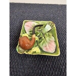 Vintage Majolica Ceramic Tobacco Pipe Leaf Ashtray Dish Tobacciana Men's Gift
